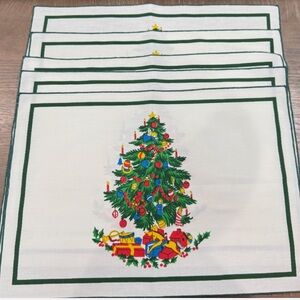 VINTAGE set of 5 Christmas tree cloth cotton green border placemats